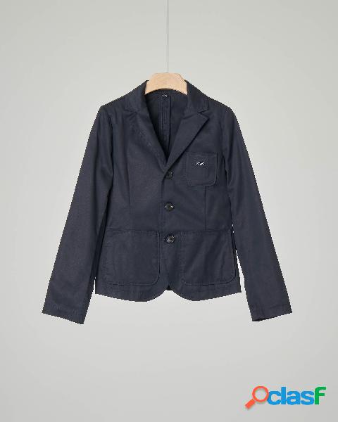 Blazer blu a tre bottoni in gabardina di cotone stretch