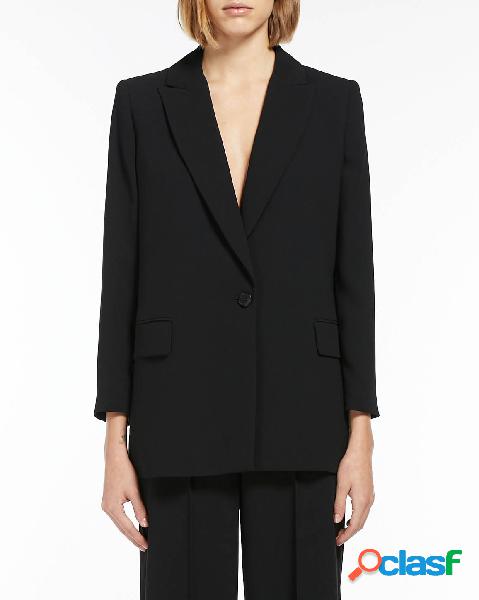Blazer nero a un bottone in crêpe envers satin con scollo a