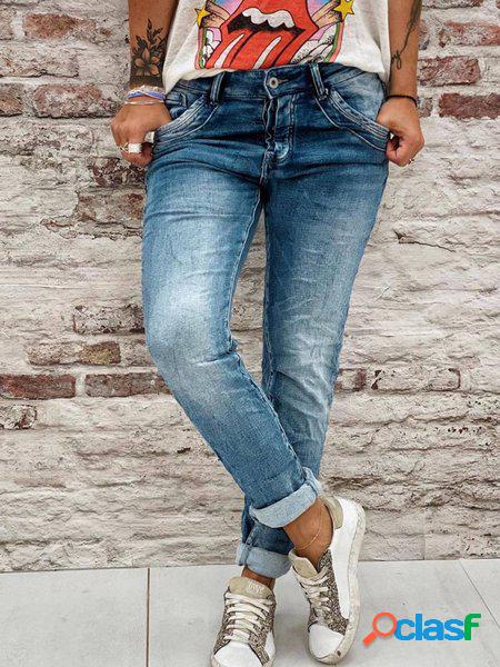 Blu Denim Semplice Solido Tasche Jeans