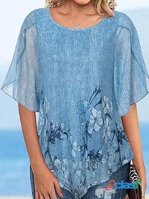 Blue Round Neck Short Sleeves Printed Casual Blouse