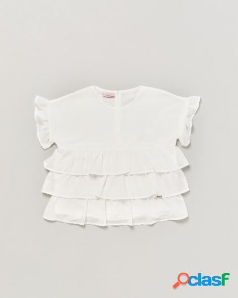 Blusa bianca a mezza manica con balze 10-16 anni