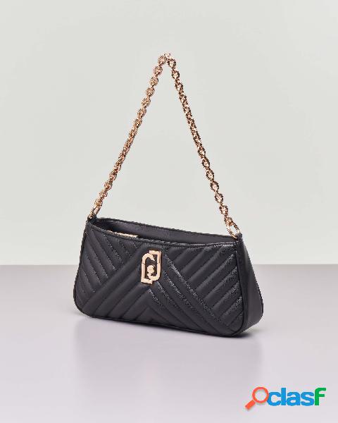 Borsa a baguette nera in similpelle matellassé con logo