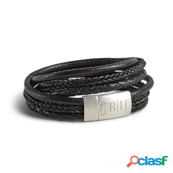 Bracciale Doppio in Pelle Personalizzato - Uomo - Nero - M
