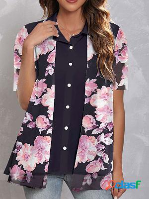 Button Floral Print Navy Shirt Collar Blouse