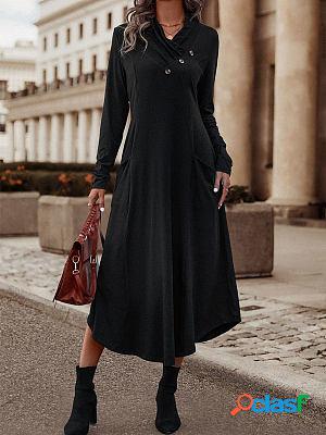 Button Trim Solid Long Sleeve Maxi Dresses