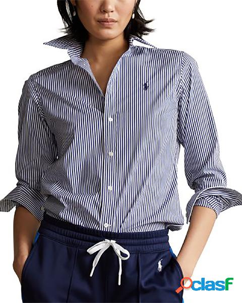 Camicia in cotone elasticizzato a righe bianche e blu