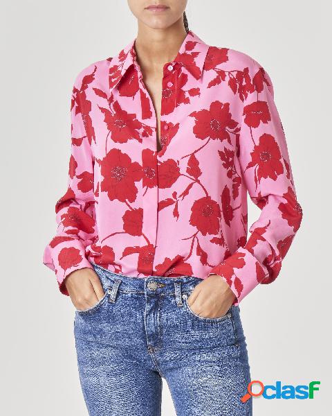 Camicia rosa in pura seta a fantasia fiori rossi