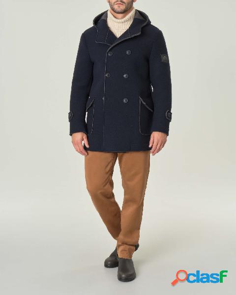 Cappotto caban blu in panno di lana cotta con taglio a vivo