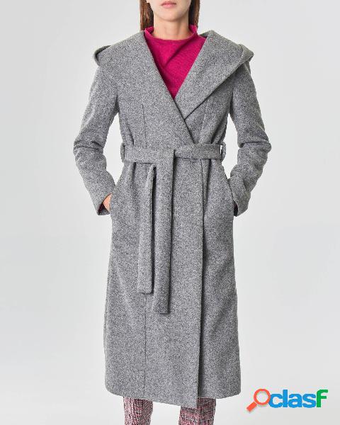 Cappotto grigio perla a vestaglia con scollo sciallato e