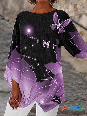 Casual Butterfly Print Round Neck Long Sleeve Blouse