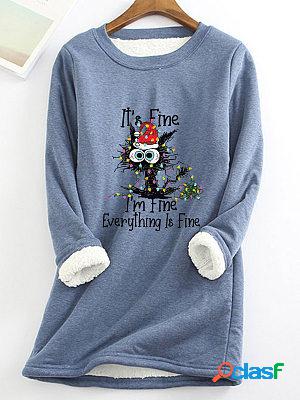 Casual Cat Alphabet Print Crew Neck Long Sleeve Plush