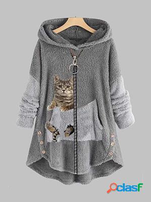 Casual Cat Print Plush Thermal Hooded Coat