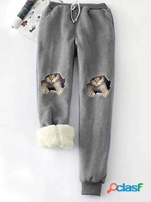 Casual Cat Print Plush Track Pants