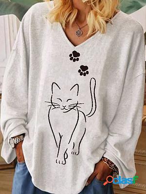Casual Cat Print V-Neck Long-Sleeved T-Shirt