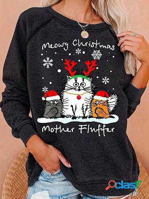 Casual Christmas Cat Print Round Neck Long-Sleeved