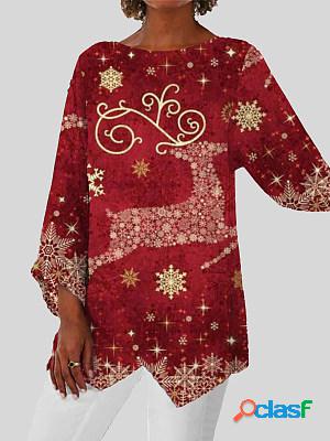 Casual Christmas Print Crew-Neck Long Sleeve Blouse