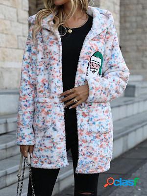 Casual Christmas Print Plush Hooded Oversized Coat