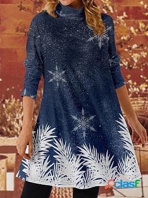 Casual Christmas Print Turtleneck Long Sleeve Short Dress