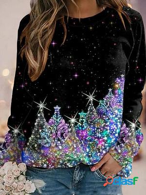 Casual Christmas Tree Print Round Neck Long-Sleeved