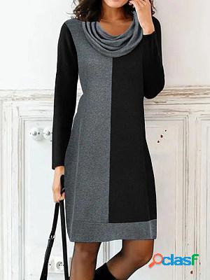 Casual Color Matching Swing Collar Long Sleeve Short Dress