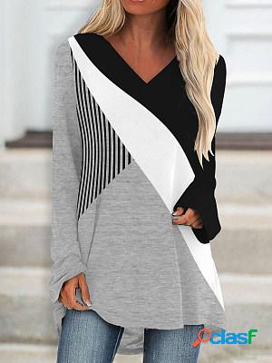 Casual Colorblock Printed Round Neck Long Sleeve T-Shirt