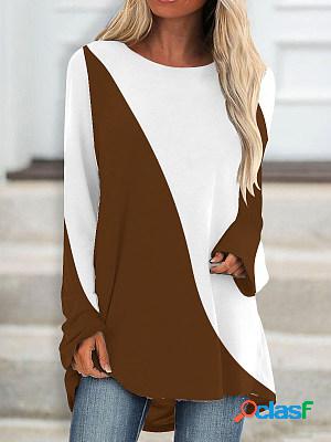 Casual Colorblock Printed Round Neck Long Sleeve T-Shirt