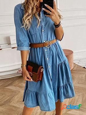 Casual Denim Solid Color Lapel Three Quarter Sleeves Midi