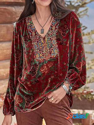 Casual Ethnic Floral Velvet Warm V-Neck Long Sleeve Blouse