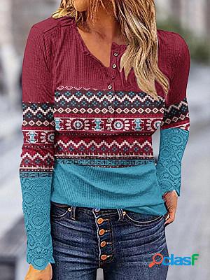 Casual Ethnic Print Crew Neck Long Sleeve T-Shirt