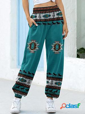 Casual Ethnic Print High Waist Trousers