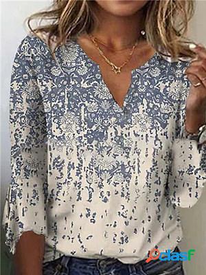 Casual Ethnic Print V-Neck Long Sleeve T-Shirt