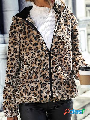 Casual Fashion Leopard Print Hooded Long Sleeve Coat