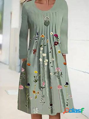 Casual Floral Print Crew Neck Long Sleeve Midi Dress