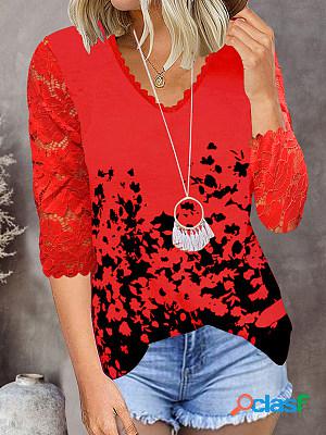 Casual Floral Print Paneled Lace V-Neck T-Shirt