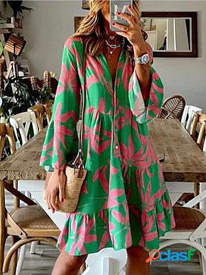 Casual Floral Print V-Neck Long Sleeve Short Dress