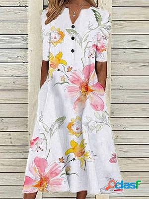 Casual Floral Print V-Neck Short Sleeve Midi Dress