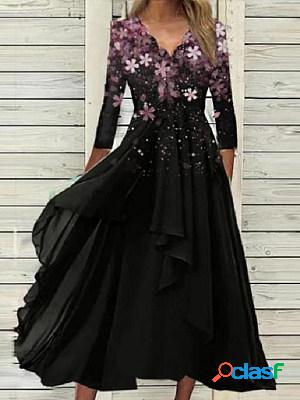 Casual Floral Print Wavy V-Neck Long Sleeve Maxi Dress