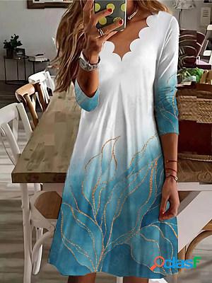 Casual Floral Print Wavy V-Neck Long Sleeve Short Dress