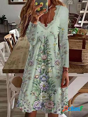 Casual Floral V-neck Printed Long-sleeved Shift Dresses