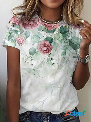 Casual Flower Print Round Neck Short-sleeved T-shirt
