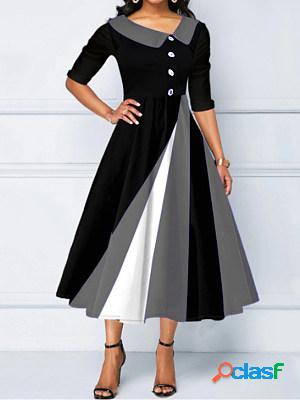 Casual Geometric Panel Button V-Neck Long Sleeve Midi Dress