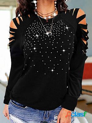 Casual Gradient Print Round Neck Hollow Long Sleeve T-Shirt