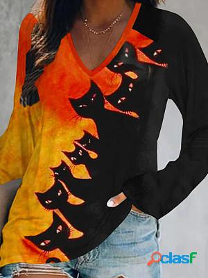 Casual Halloween Cat Print V-Neck Long Sleeve T-Shirt