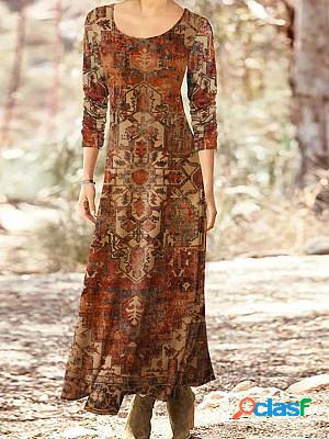 Casual Long Sleeve Crew Neck Vintage Print Maxi Dress