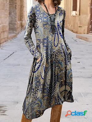 Casual Long Sleeve Crew Neck Vintage Print Midi Dress