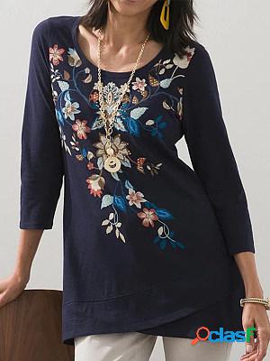 Casual Long Sleeves Crew Neck Floral Printed T-shirt