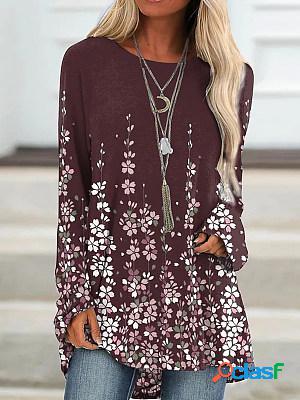 Casual Long Sleeves Floral Printed Crew Neck Loose T-shirt