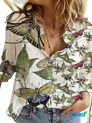 Casual Loose Botanical Map Print Long Sleeve Blouse