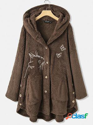 Casual Loose Cat Embroidered Hooded Cardigan Plush Coat