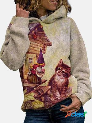 Casual Loose Cat Print Hoodie